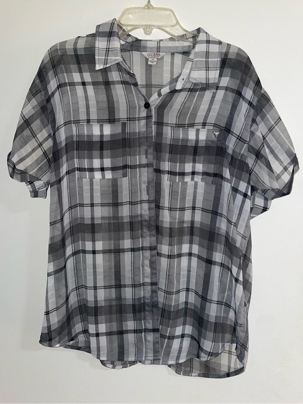 GUESS Black and Gray Plaid Short-Sleeve Button Down Shirt